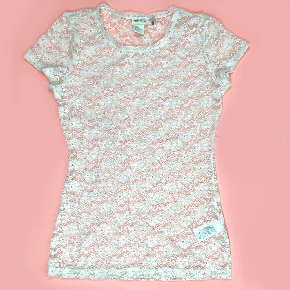 🎀4/$20 H & M Pretty Summer Sheer Cream Lace T Shirt XS